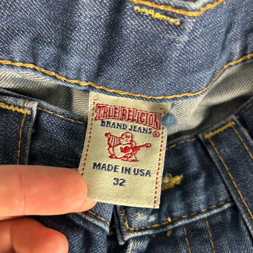 True Religion Joey Jeans Mens 32 Blue Denim Raw Hem Y2K Streetwear Made in USA